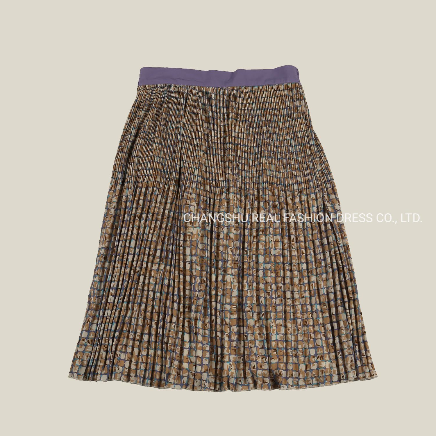 Children Clothes Girl Kids Woven Colorful Print Pleat Skirt Wear with Purple Waistband