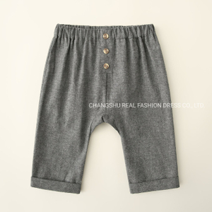 Boy Baby Grey Cotton Chambray Pant Clothes Without Fly and Plastic Button at Front