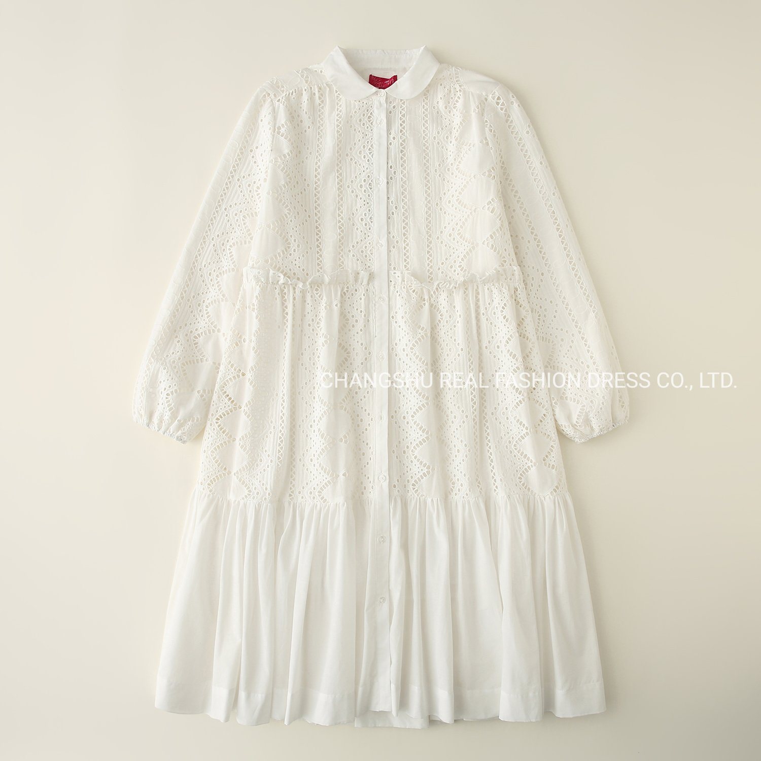 Girl Kids White Woven Embroidery Dress Clothes with Front Button Placket