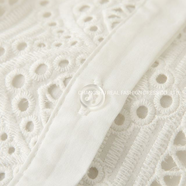 Girl Kids White Woven Embroidery Dress Clothes with Front Button Placket