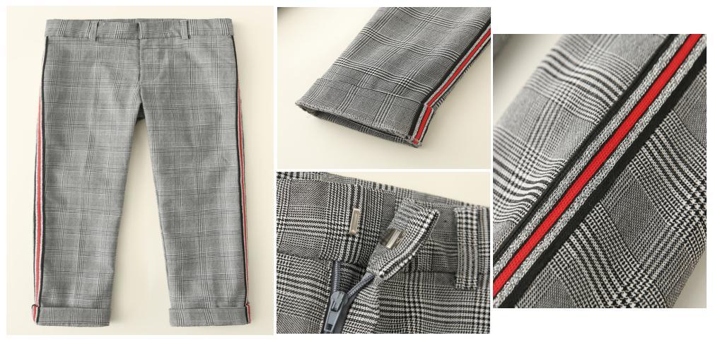 Boy Black White Plaid Pant Clothes with Functional Front Fly and Black Red Silver Tape