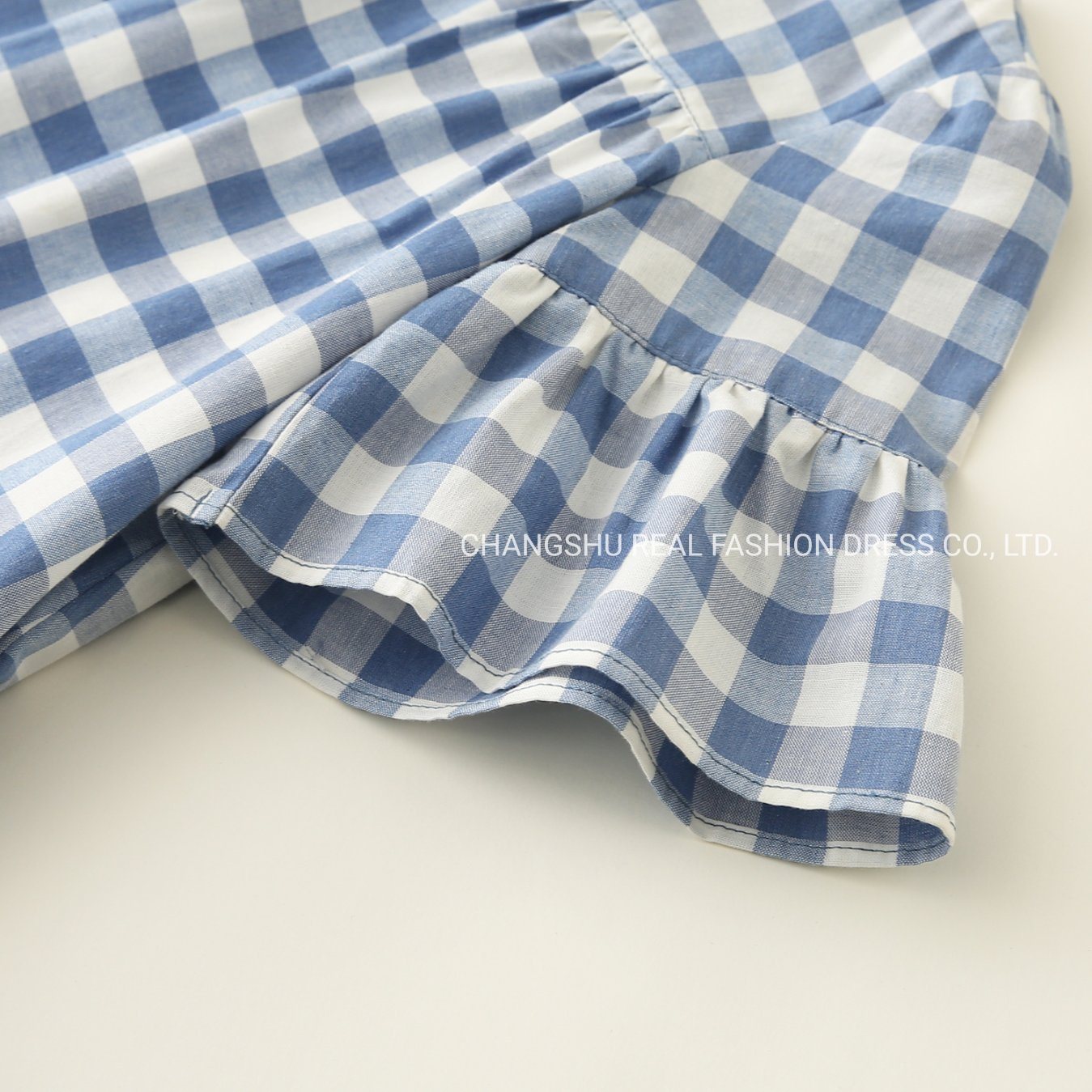 Girl Kids Blue White Plaid Dress Clothes with Pleat Hem Cuff and Cotton Lining