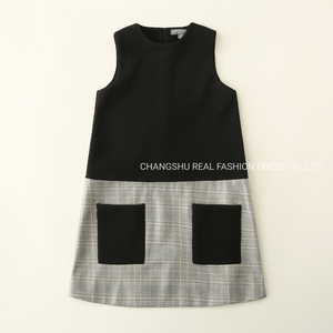 Girl Children 2022 Black Fabric Contacted Grid Woven Dress Clothes with Pocket