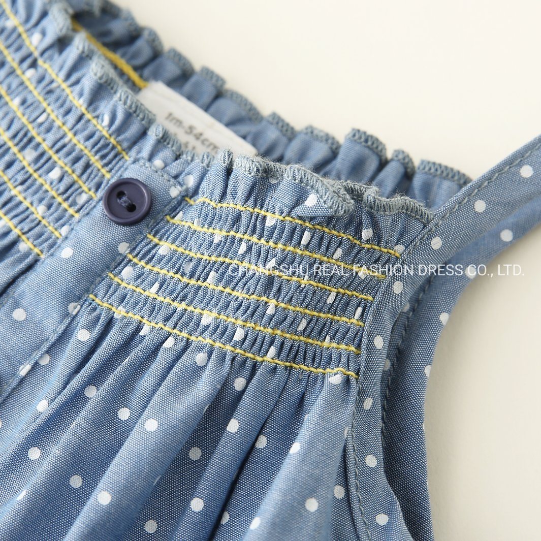 Children Clothing Girl Kids Chambray Dress Wear with Print Dots and Embroidery