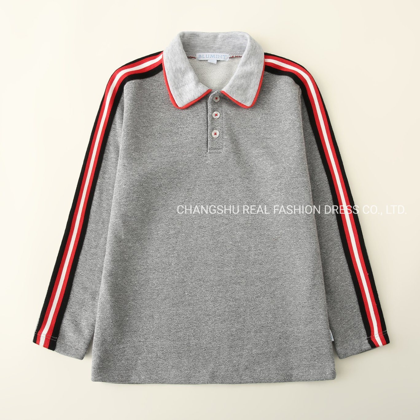 Boy Kids Grey Terry Shirt Clothes Made of Red Black White Stripe Tape on Sleeves with Front Placket