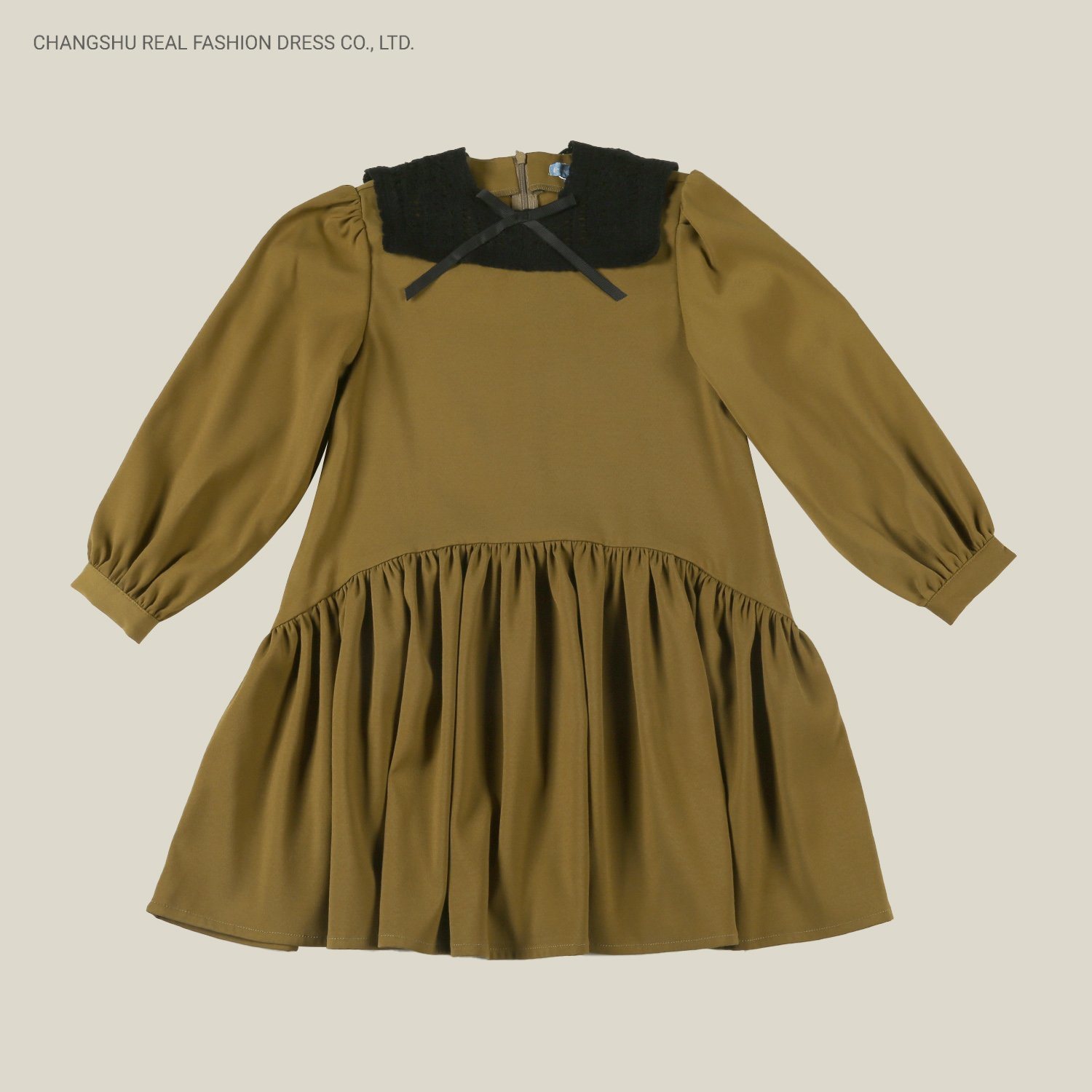 Girl Children Kids Fashion Mustard Color Dress Clothes with Black Knit Decorative Collar and Back Nylon Zipper