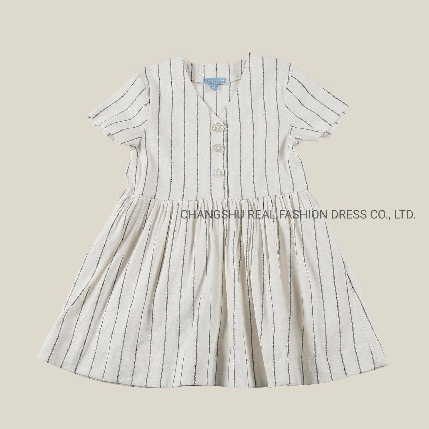 Kids Children Clothes Girl Woven Stripe Dress with Button Placket