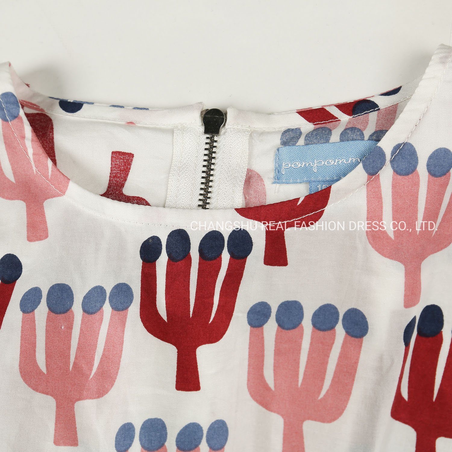 Kids Children 2022 Clothes Girl Woven White Ground Red and Pink Cactus Printed Dress with Metal Zipper