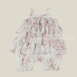 Infant Children Clothes Girl Baby Woven White Ground Flower Print Romper Wear with Ruffle