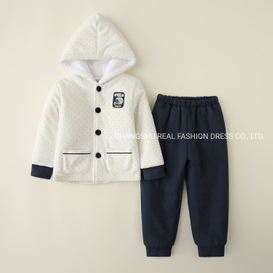 Boy Kids Padding Sleep Wear Suit Clothes Made of DOT Print Top with Terry Lining and Navy Solid Pant