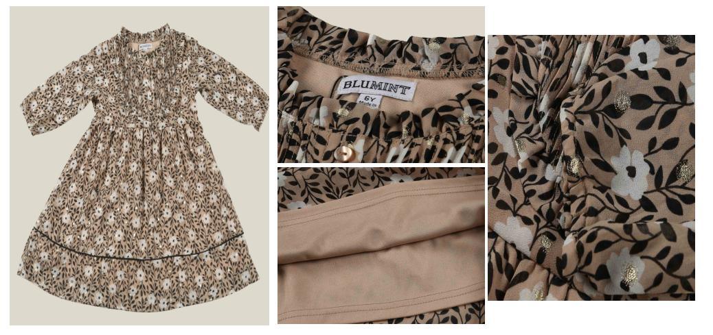 Girl Kids Fashion Tan Ground Flower Print Woven Dress Wear with Pleat Front Yoke and Back Zipper
