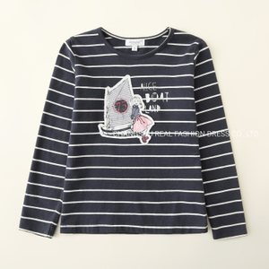 Children Fashion Clothing Girl Kids Black Stripe Shirt Wear with Applique and Print