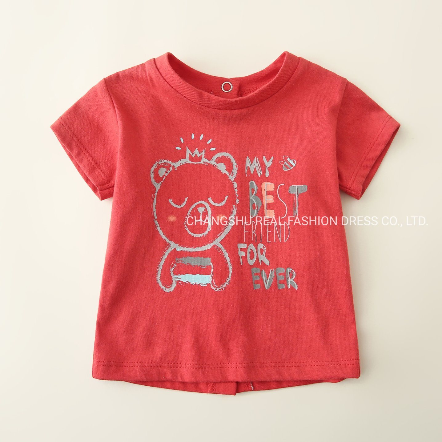 Boy Girl Kids Red T-Shirt Clothes with Grey Bear Print and Back Snap Placket