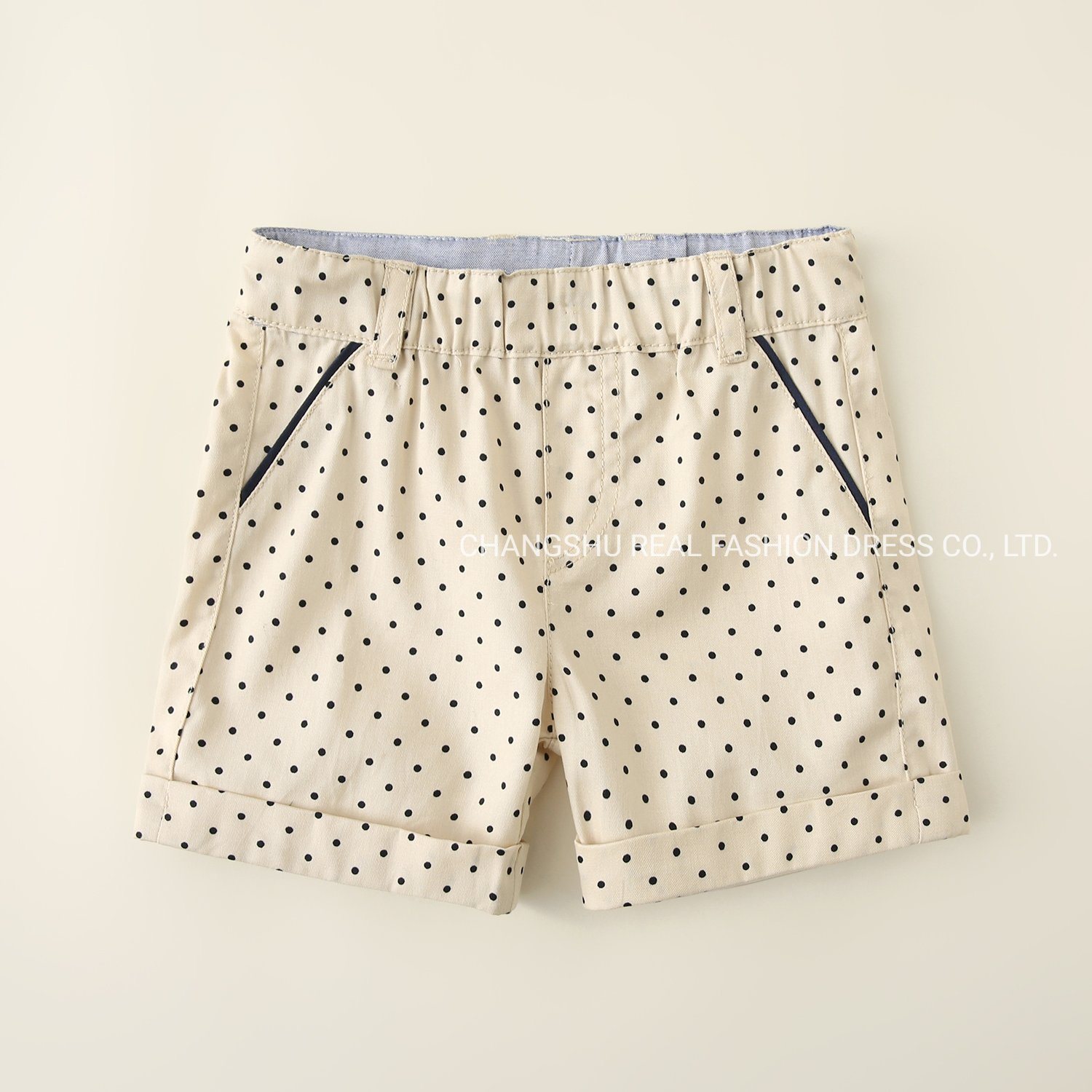 Boy Baby Beige Ground Black DOT Print Short Clothes with Piping Pockets and Light Inside Waistband