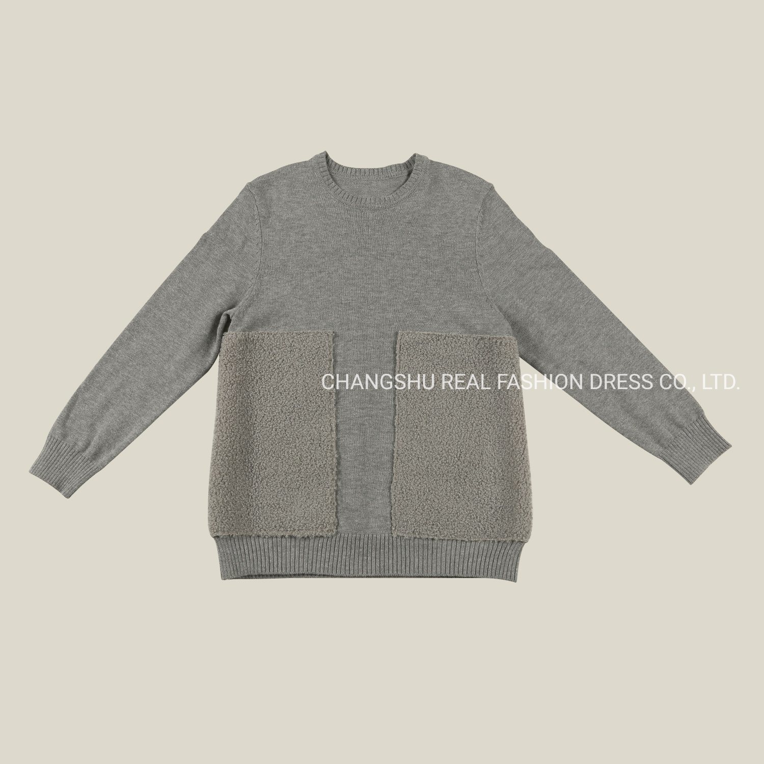 Boy Children 2022 Grey Sweater Clothes with Front Sherpa Pocket and Round Neck