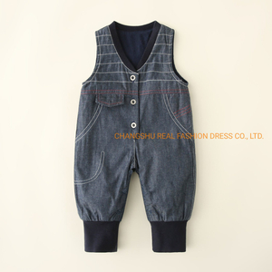 Infant Children Woven Denim Suspender Pant with Ribbed Hem Clothes