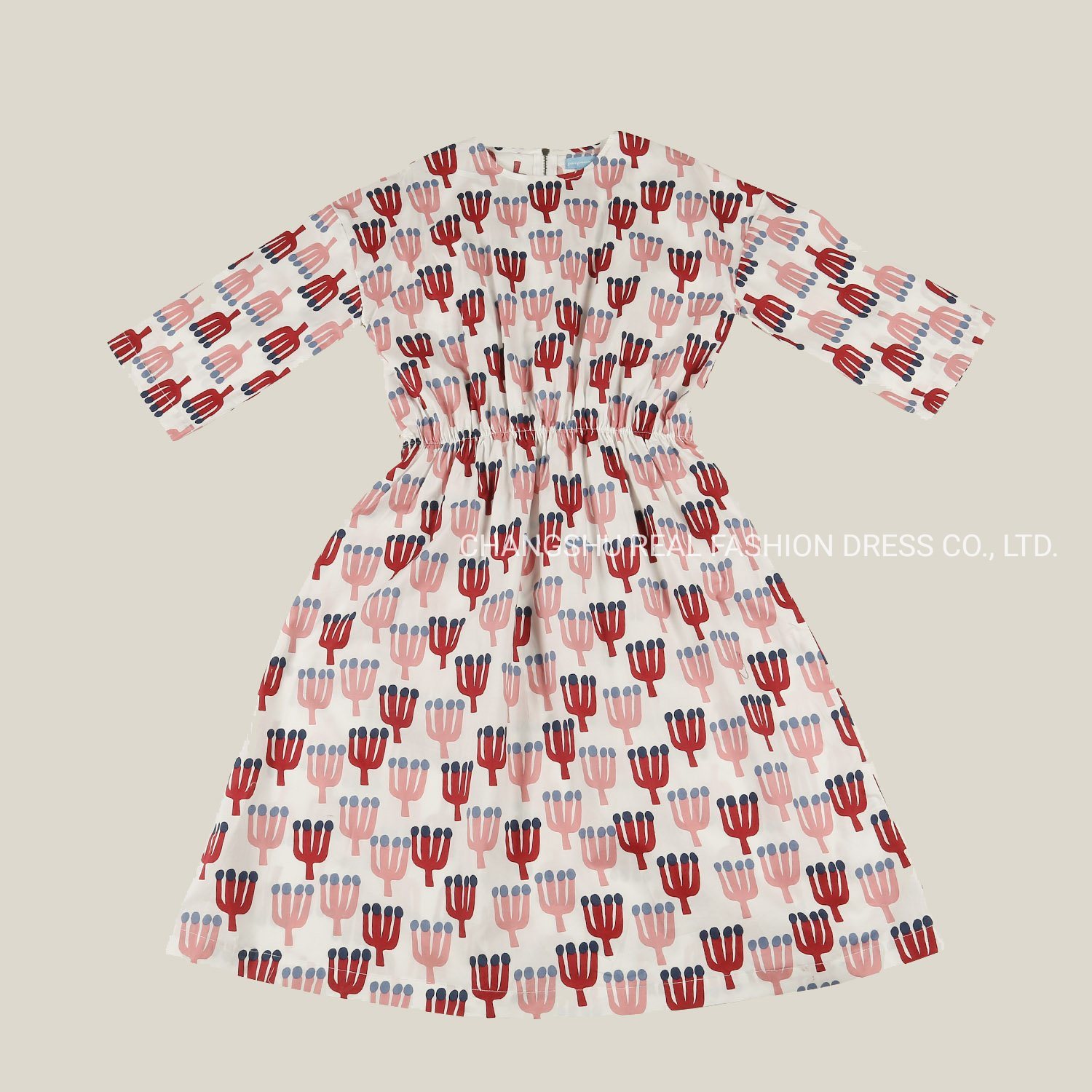 Kids Children 2022 Clothes Girl Woven White Ground Red and Pink Cactus Printed Dress with Metal Zipper