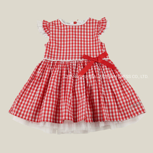 Baby Kids Children 2022 Clothes Girl Woven White Red Plaid Dress with Lining and Netting