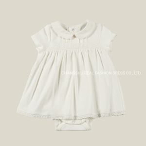 Newborn Baby Clothing Infant Girl Ivory Romper Wear with Embroidery Tape Trim