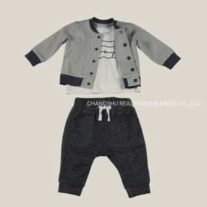 Boy Baby Suit Clothes Made of Grey Woven Jacket White Ground Stripe Print Knit T Shirt and Black Knit Pant