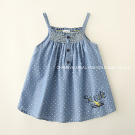 Children Clothing Girl Kids Chambray Dress Wear with Print Dots and Embroidery