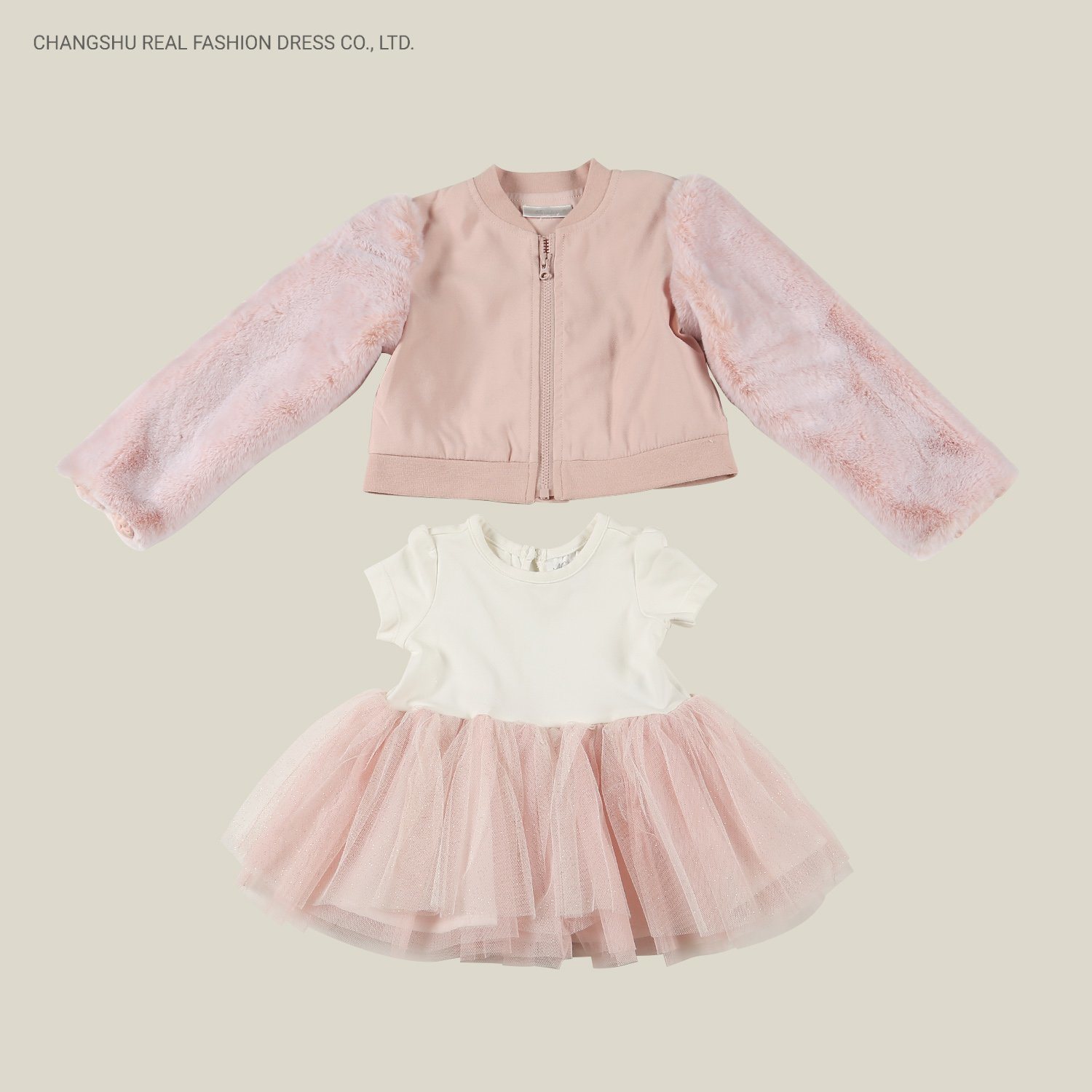 Newborn Baby Pretty Pink Suit Wear Woven Body with Faux Fur Sleeve Jacket and Knitted Tutu Top with Netting