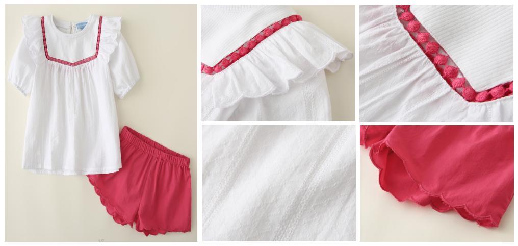 Girl Baby White Top and Red Short Suit Clothes with Embroidery and Pompom Tape Button Placket