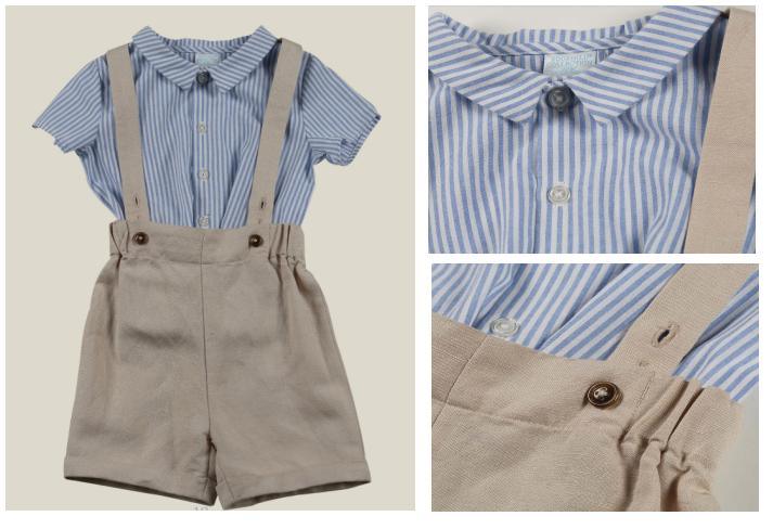 Boy Baby Woven Blue Striped T Shirt and Tan Suspender Pant Suit Clothes