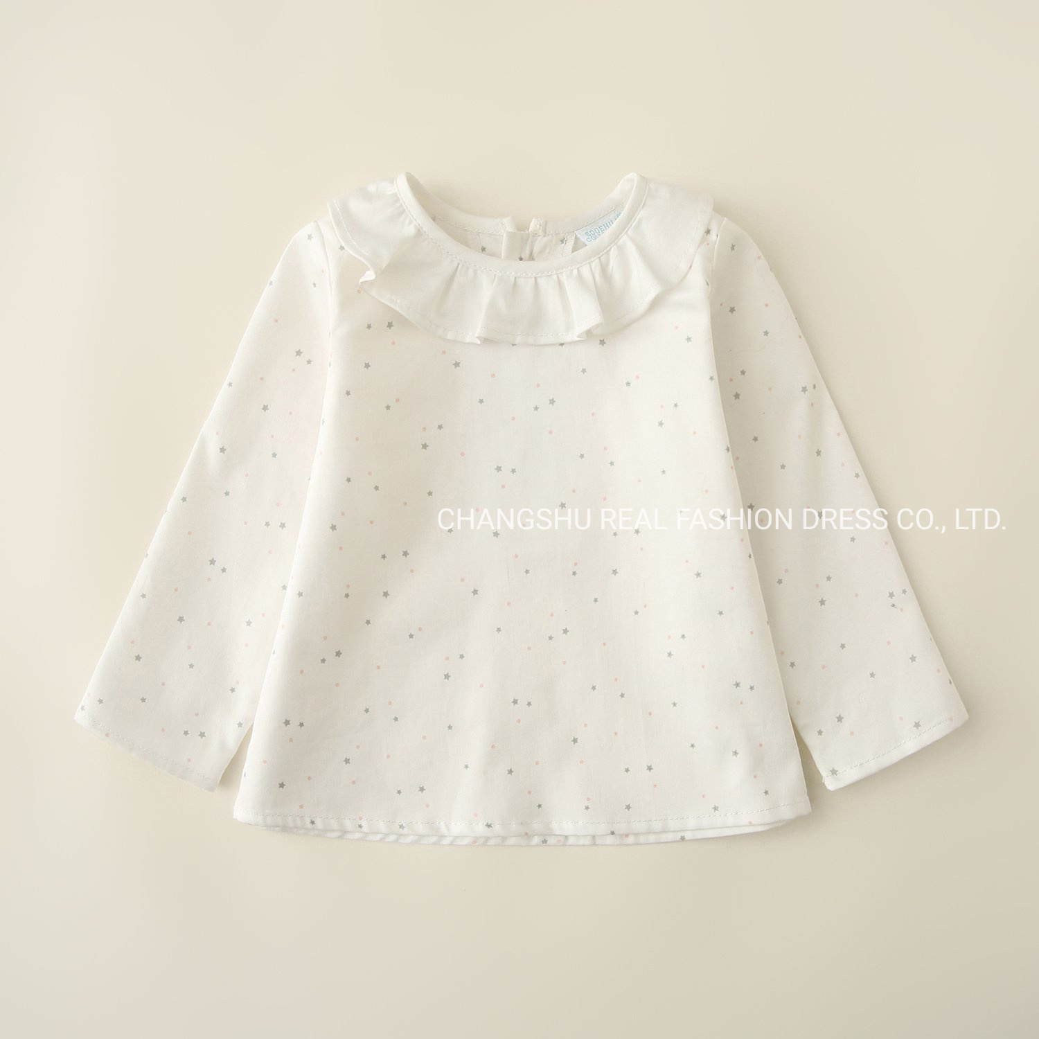 Girl Baby Ivory Ground Grey Pink Print Top Clothes with Ruffle Neck and Back Button Placket