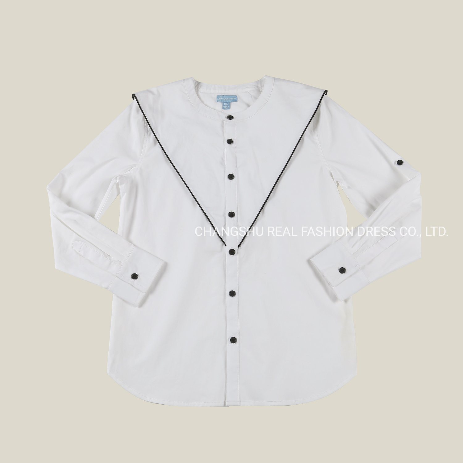 Toddle Children Fashion Clothing Boy Kids Woven White Shirt Wear V Cut with Black Piping