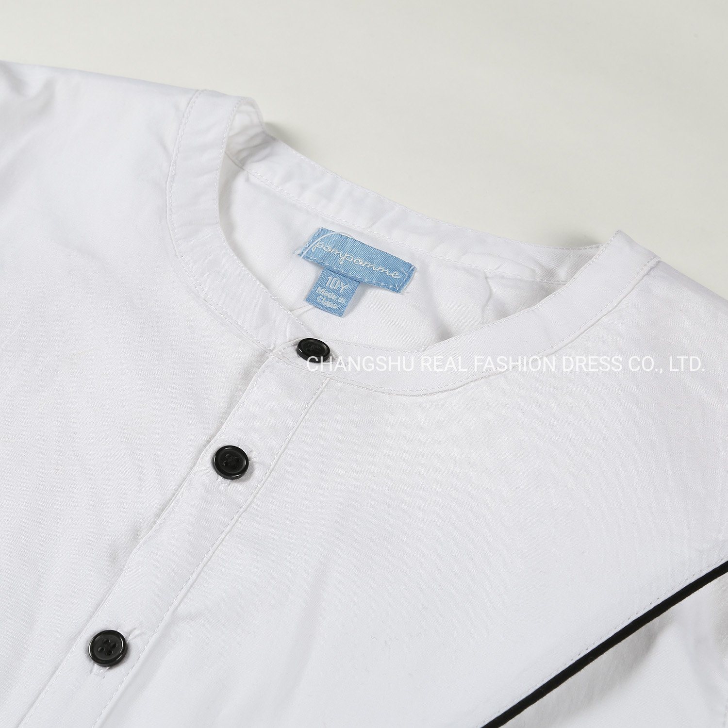 Toddle Children Fashion Clothing Boy Kids Woven White Shirt Wear V Cut with Black Piping