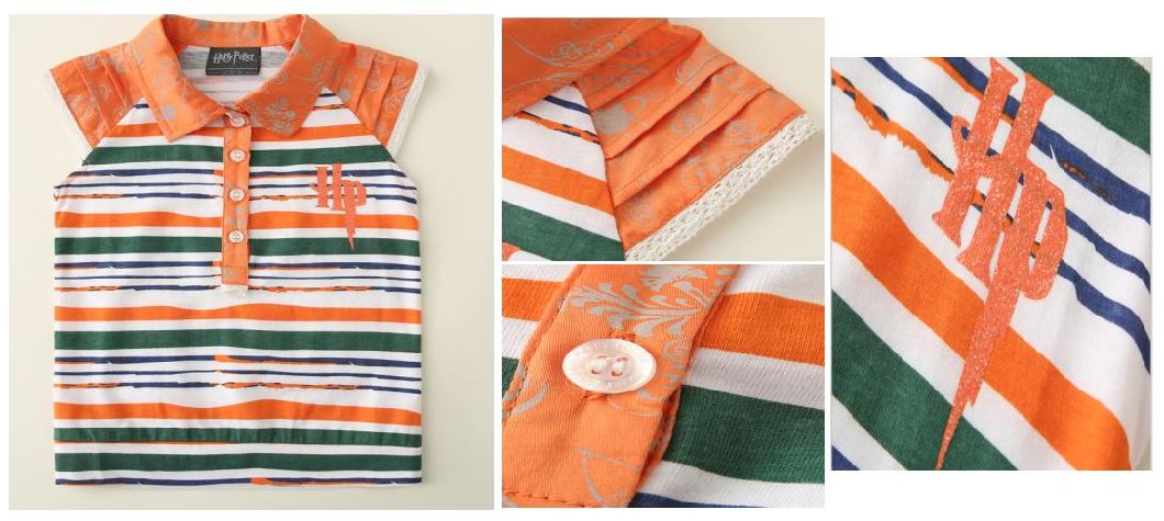 Children Clothes Boy Stripe T Shirt with Front Placket Pleated Cuff