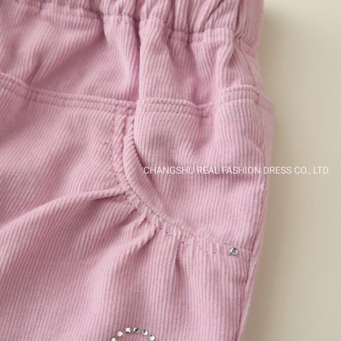 Children Clothes Girl Kids Woven Pink Corduroy Pant Wear Made of Elastic Waistband and Hem