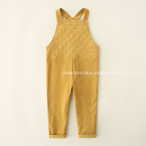 Children Clothes Boy Kids Yellow Corduroy Suspender Pant Wear with Quilting Stitching