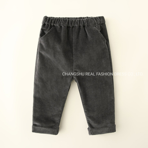 Children Clothes Infant Boy Baby Woven Dark Grey Corduroy Pant Wear with Fold Hem