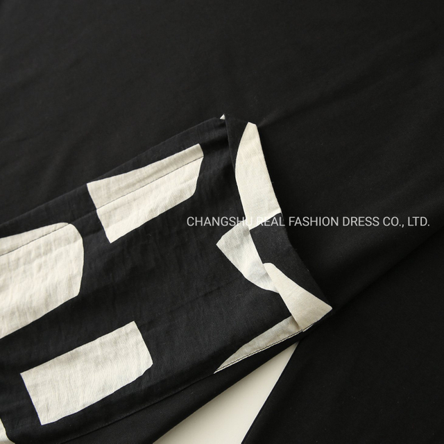 Girl Children 2022 Fashion Black Contrast Print Color Dress Clothes with Pleat