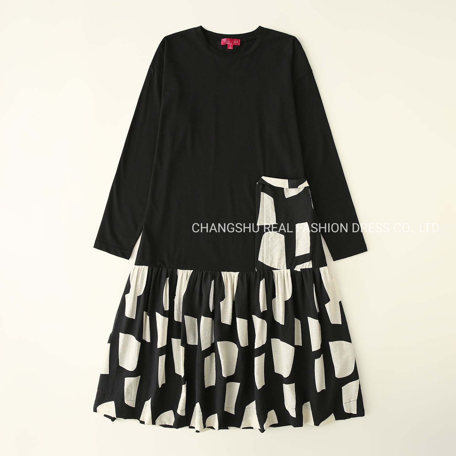 Girl Children 2022 Fashion Black Contrast Print Color Dress Clothes with Pleat