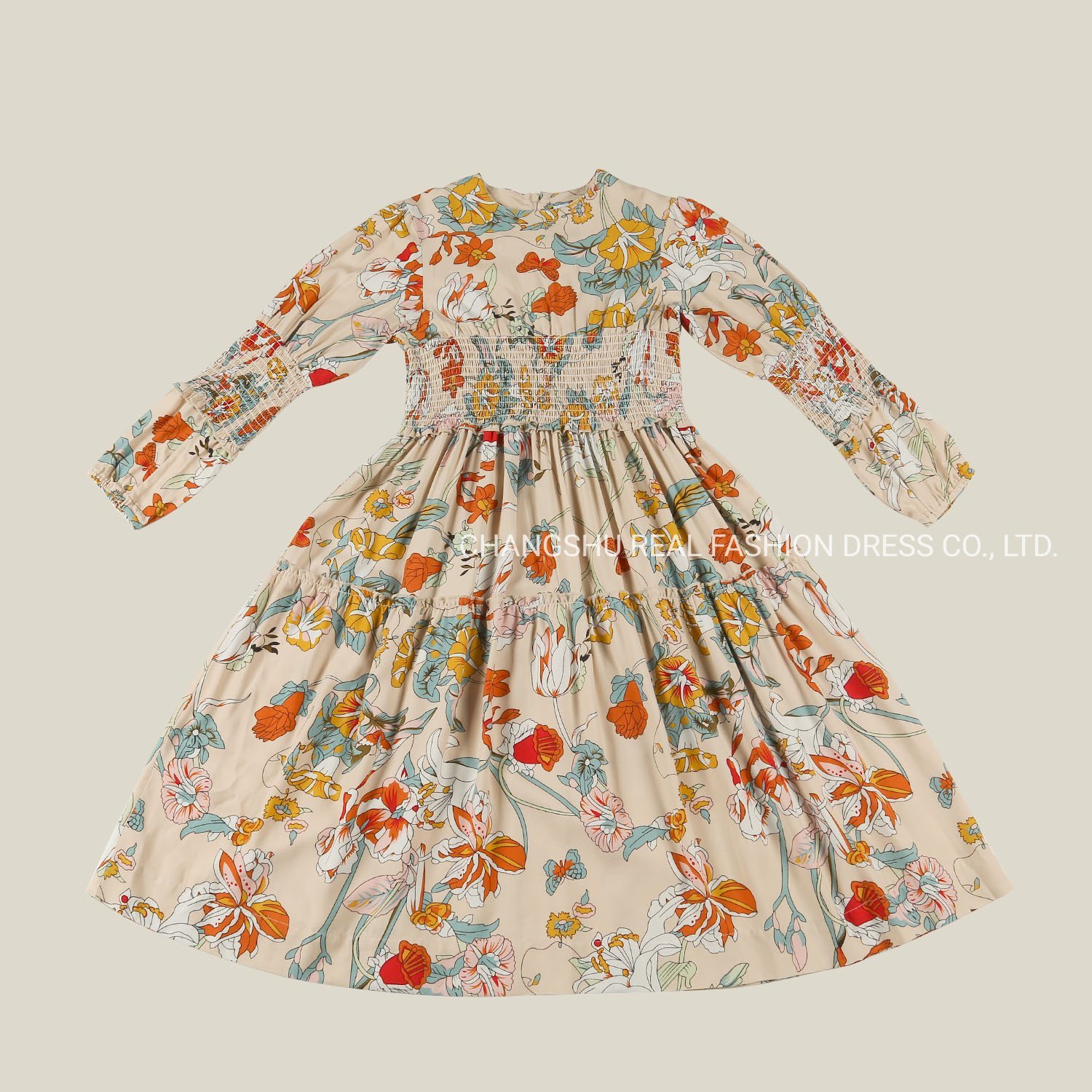 Girl Children 2022 Beige Ground Yellow Blue Red Flower Print Dress Clothes Made of Pleated Waistband