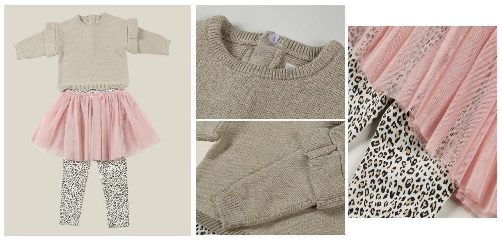 Newborn Baby Knitted Suit Wear Made of Tan Sweater Top and Leopard Skegging with Sparkle Netting