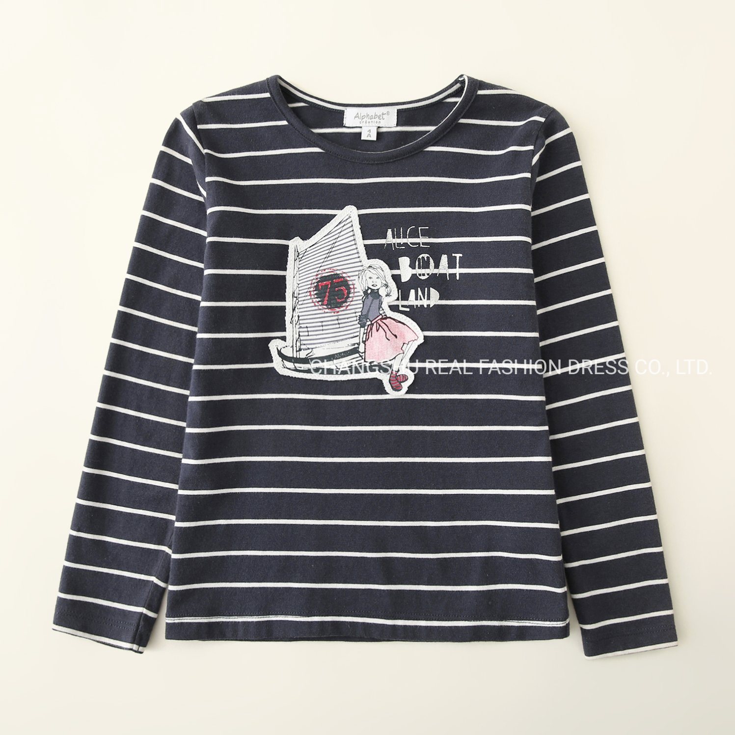 Children Fashion Clothing Girl Kids Black Stripe Shirt Wear with Applique and Print