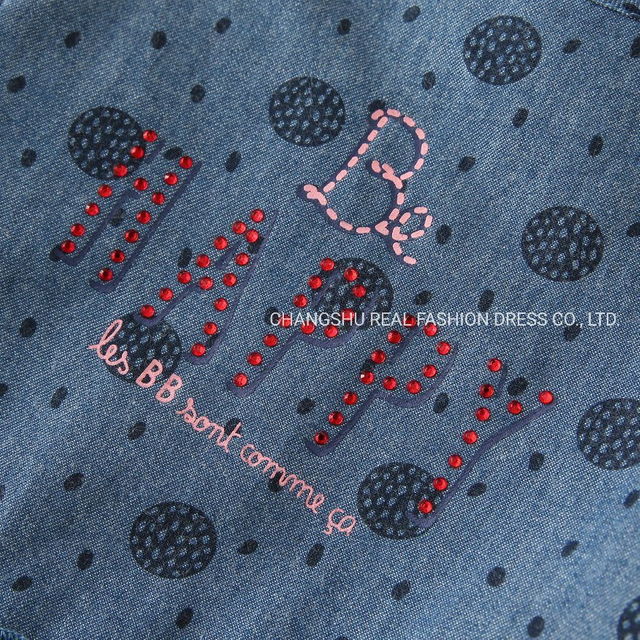 Children Nice Clothing Girl Kids Woven Dress Wear with Print and Studs