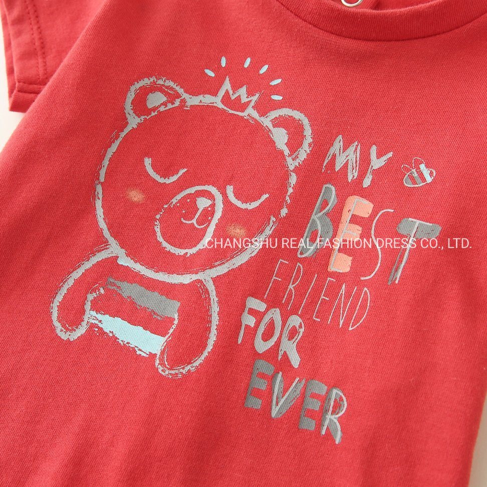 Boy Girl Kids Red T-Shirt Clothes with Grey Bear Print and Back Snap Placket