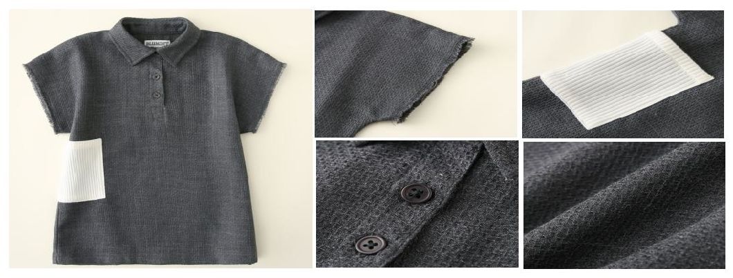 Boy Kids Dark Grey Linen Shirt Clothes with Contrast White Rib Fabric for Pocket