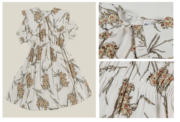 Girl Children Ivory Ground Woven Flower Print Dress Clothes with Doll Collar