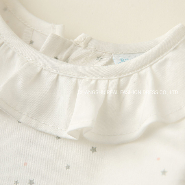 Girl Baby Ivory Ground Grey Pink Print Top Clothes with Ruffle Neck and Back Button Placket