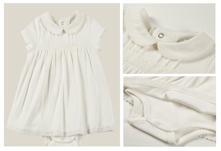 Newborn Baby Clothing Infant Girl Ivory Romper Wear with Embroidery Tape Trim