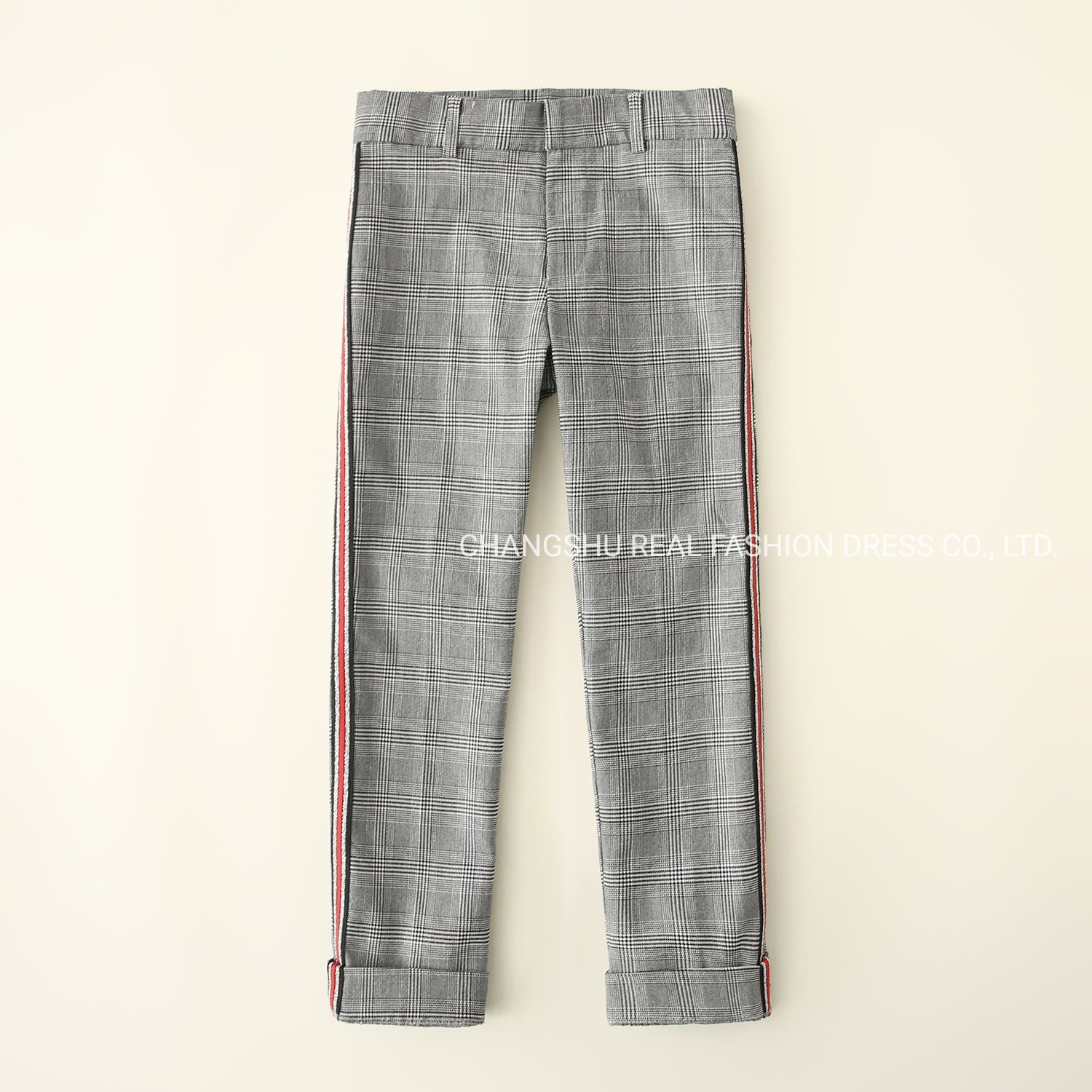 Boy Black White Plaid Pant Clothes with Functional Front Fly and Black Red Silver Tape