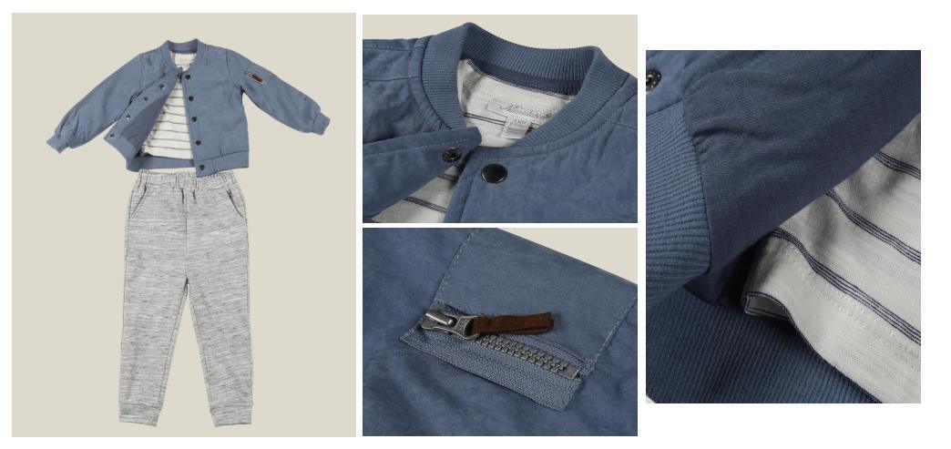 Boy Baby Fashion Suit Clothes Made of Blue Jacket with Snap Placket Ivory T Shirt with Print and Grey Pant with Elastic