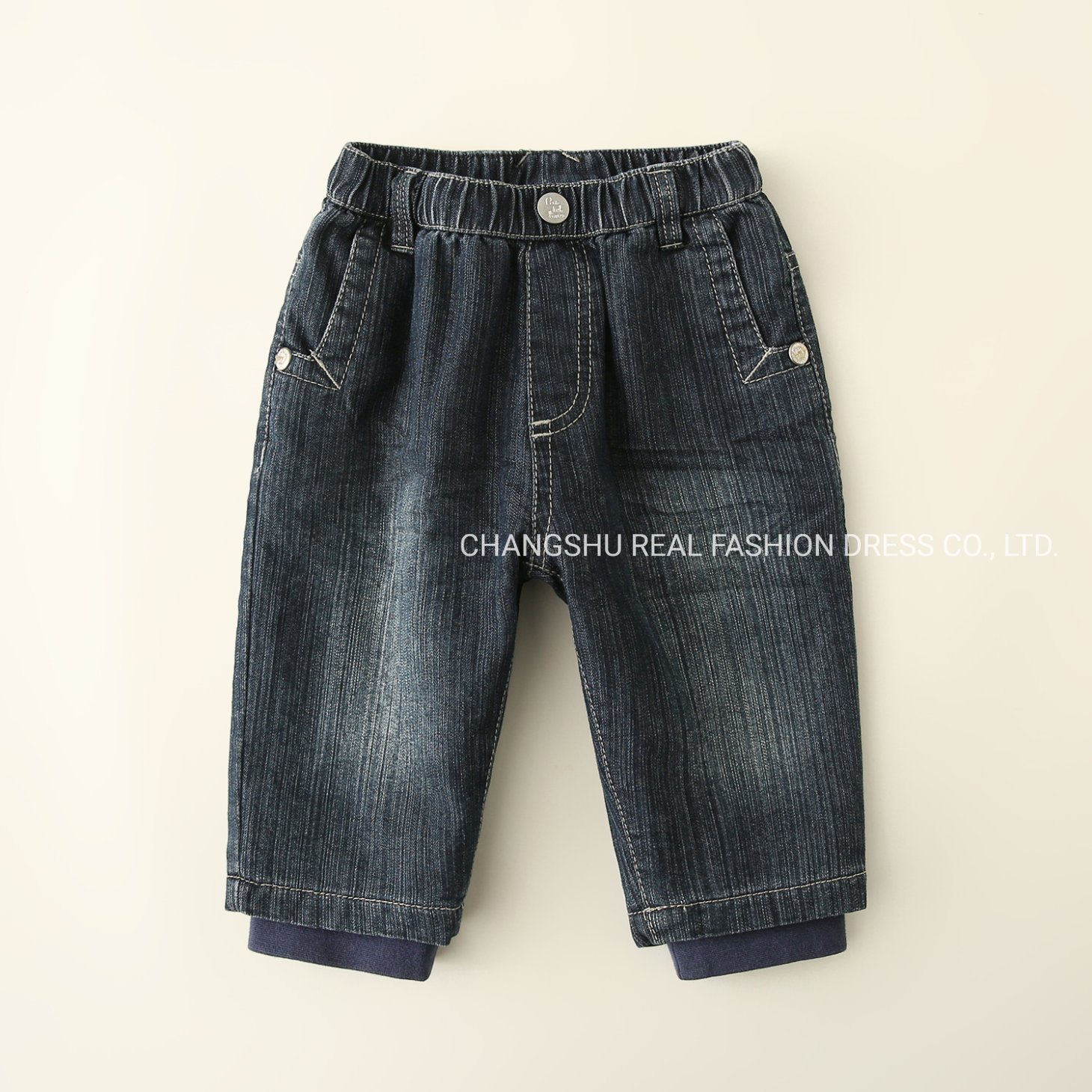 Boy Kids Denim Color Pant Clothes Made of Elastic Waistband and Metal Snap at Pocket and Rib for Hem