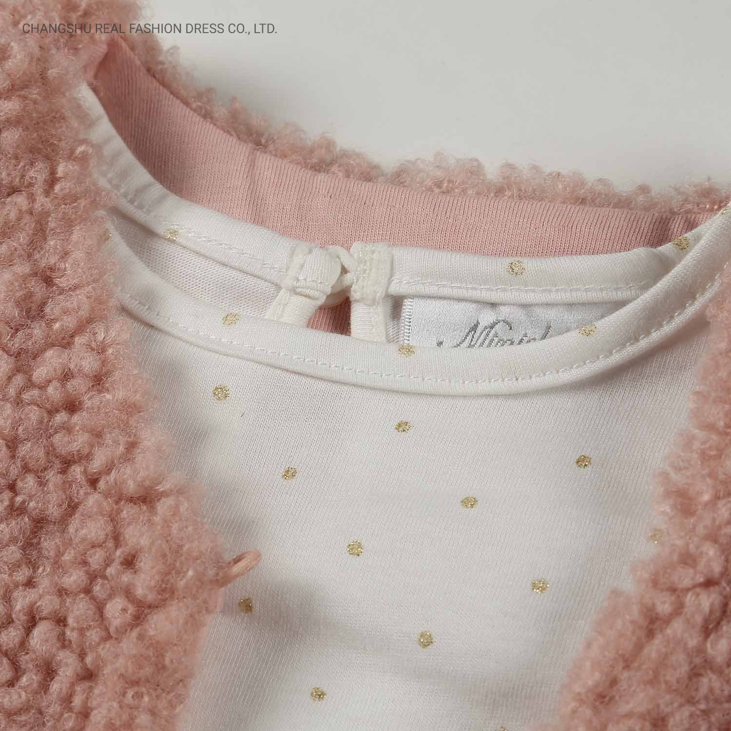 Newborn Baby Suit Wear Made of Pink Woven Vest and White Knitted Top with Gold Foil and Grey Pant